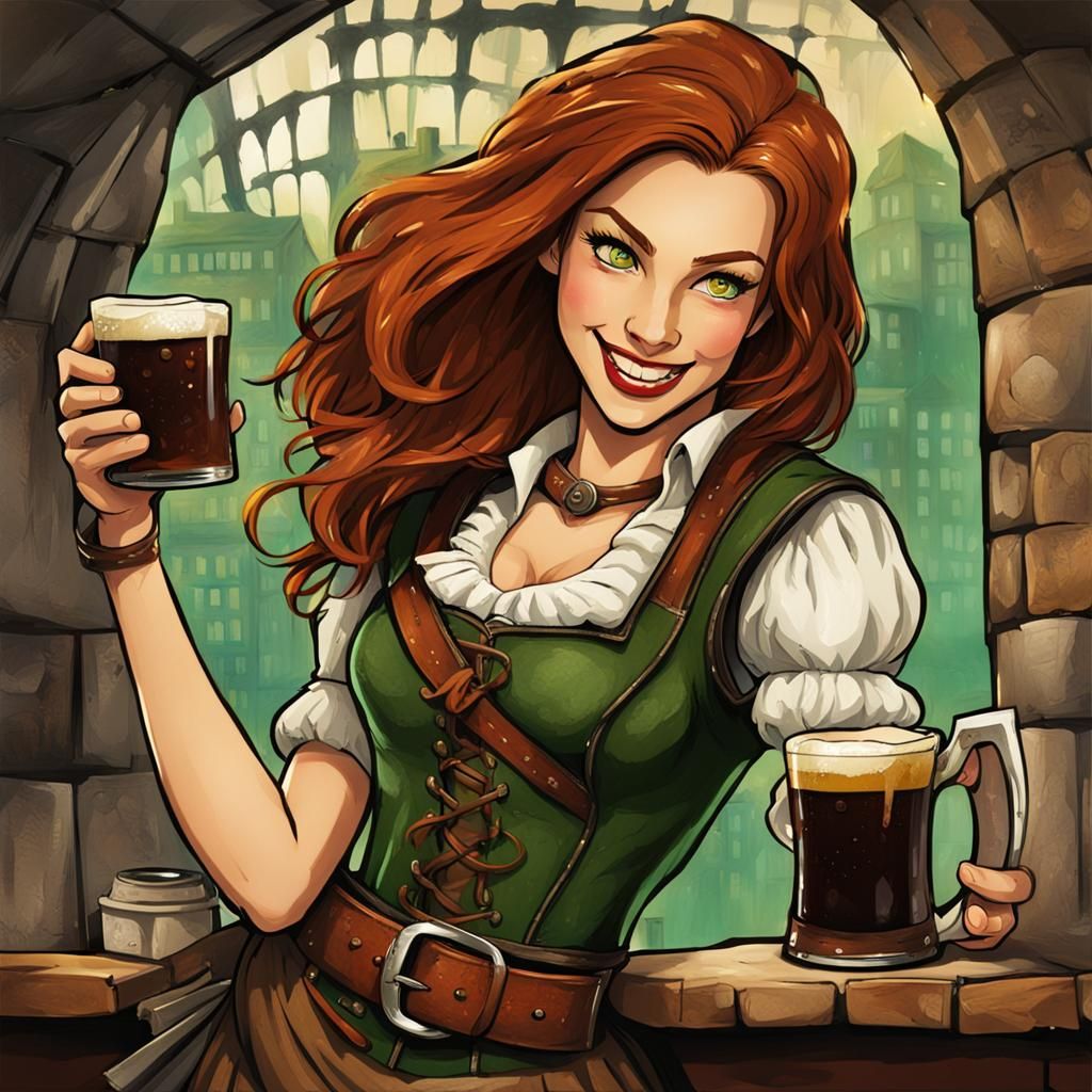 Beautiful Auburn-Haired Serving Wench in Graffiti Art Style