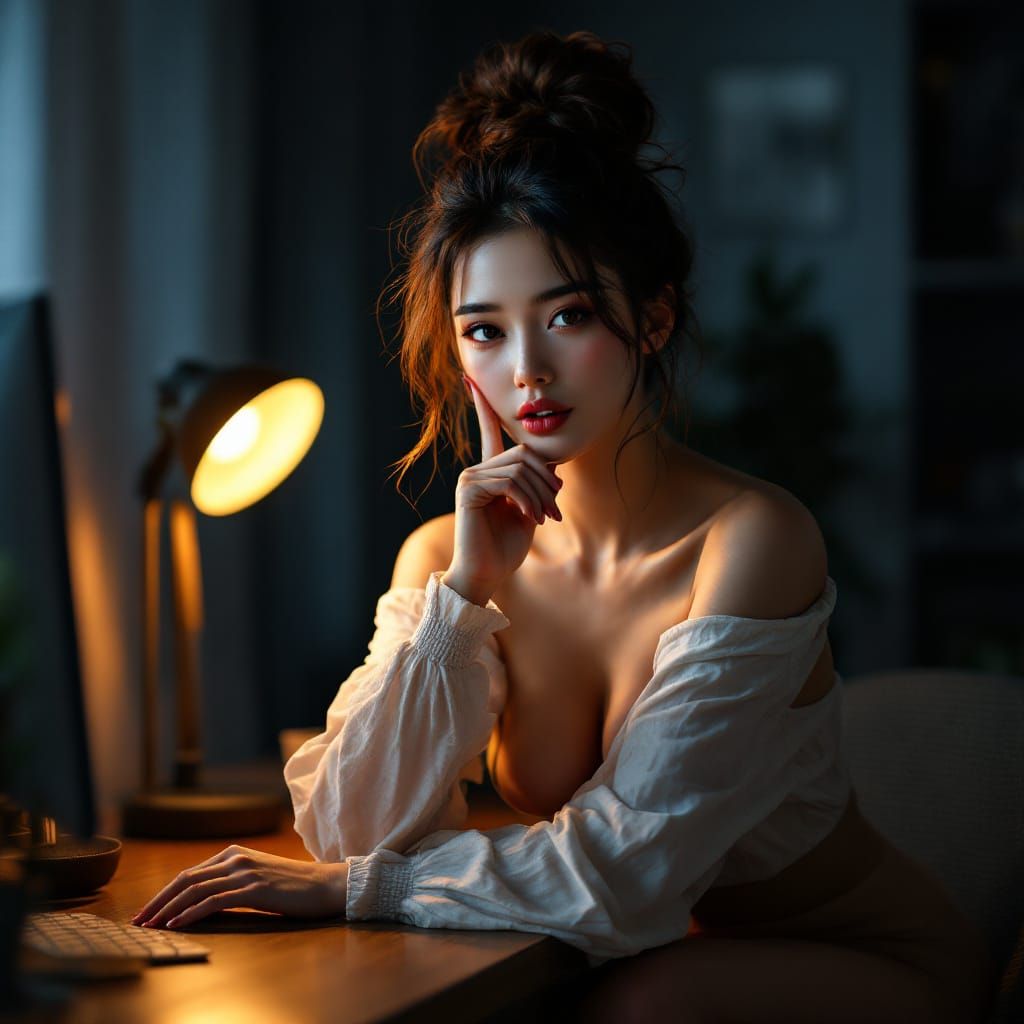 Stunning Woman Posing in Dimly Lit Office