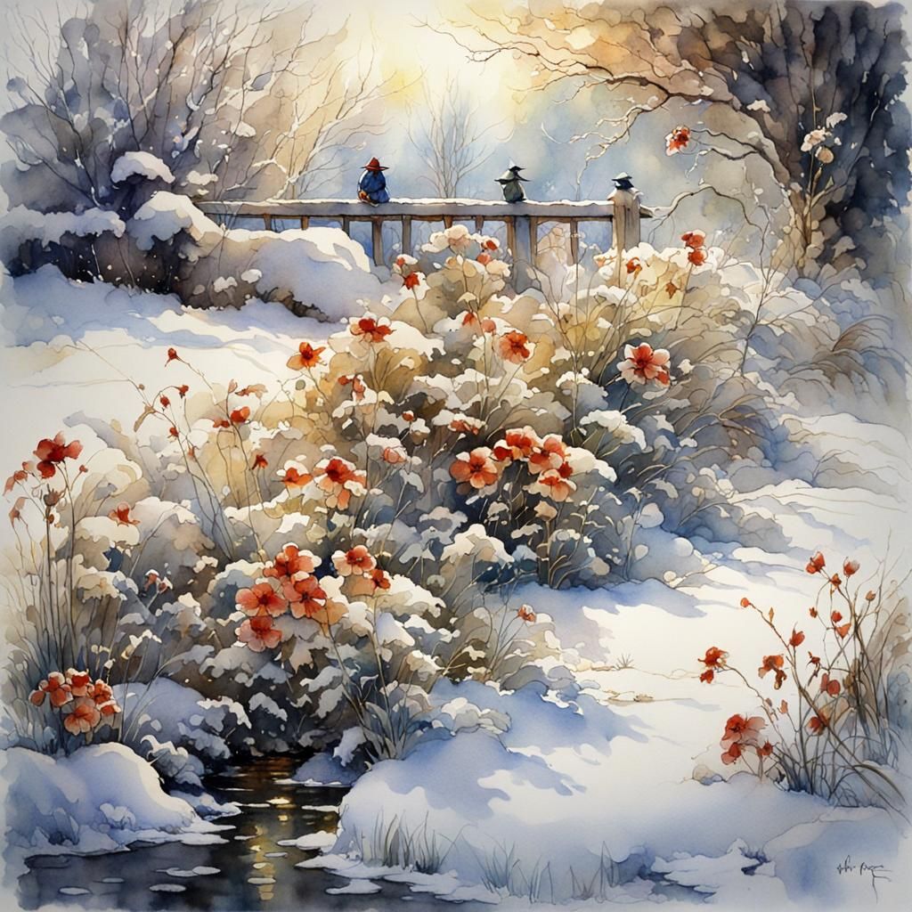 Winter Flowers Watercolor Painting with Sparkling Snow