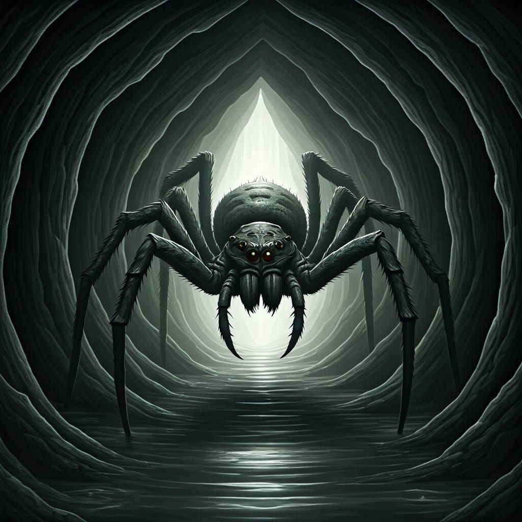 Colossal Stone Spider Emerges from Dark Cave