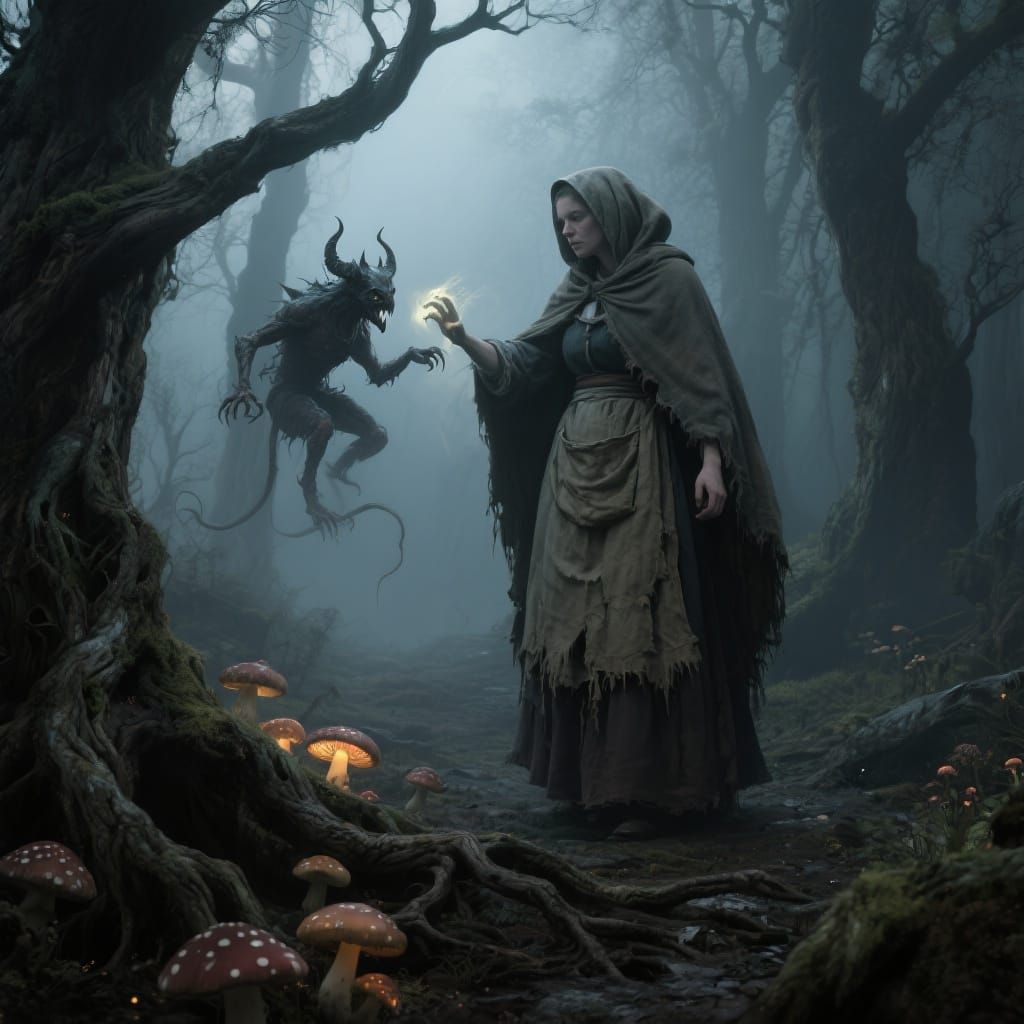 Peasant Woman Summons Demon in Gothic Forest