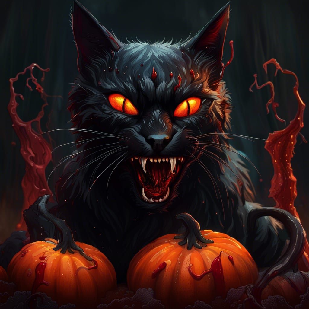 Menacing Black Cat on Pumpkin, Detailed Matte Painting