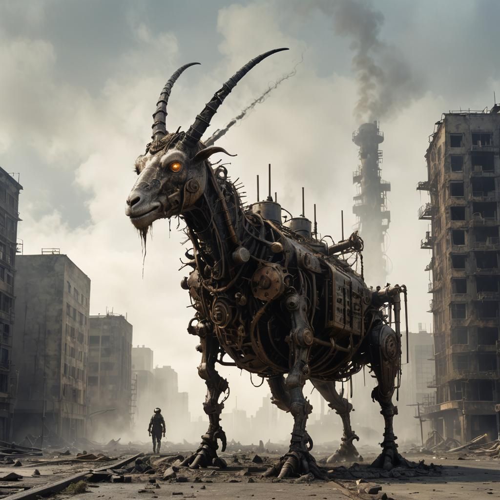 Biopunk Goat-Cyborg in Post-Apocalyptic Wasteland