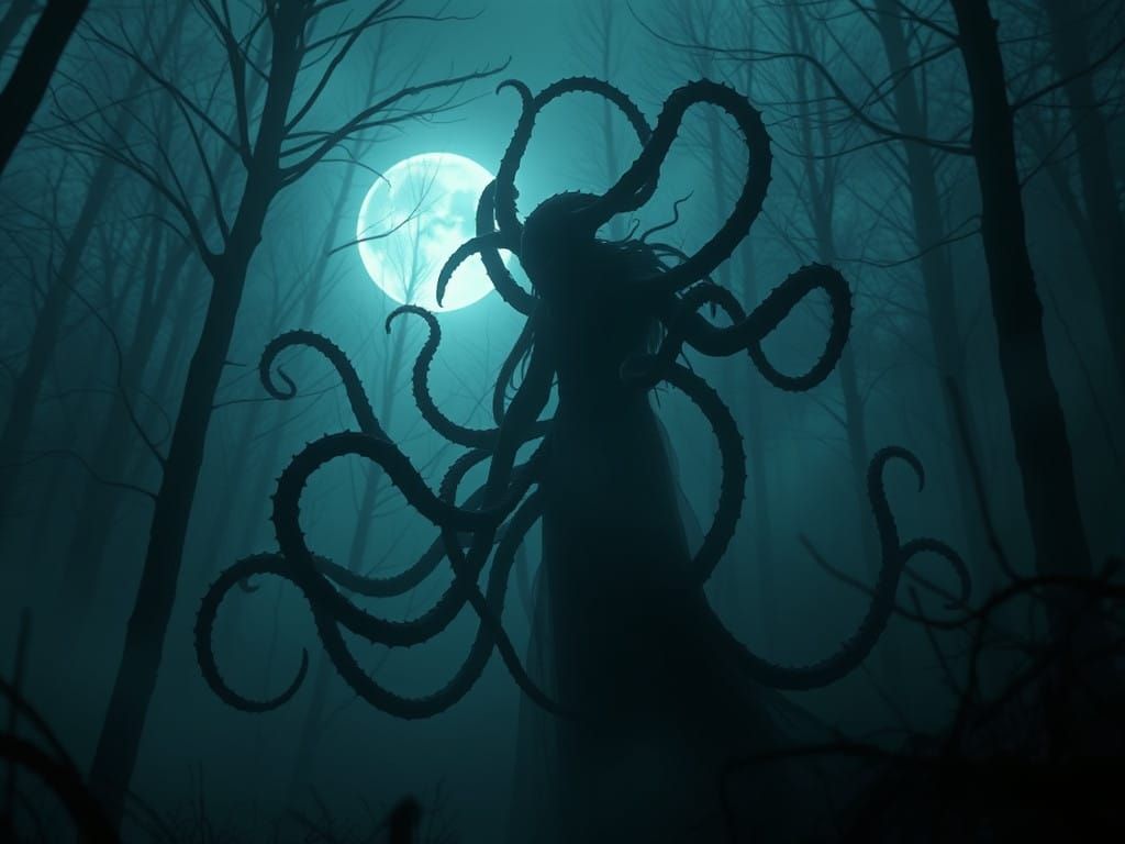 Ethereal Horror Figure Lurks in Moonlit Woods with Tentacles...