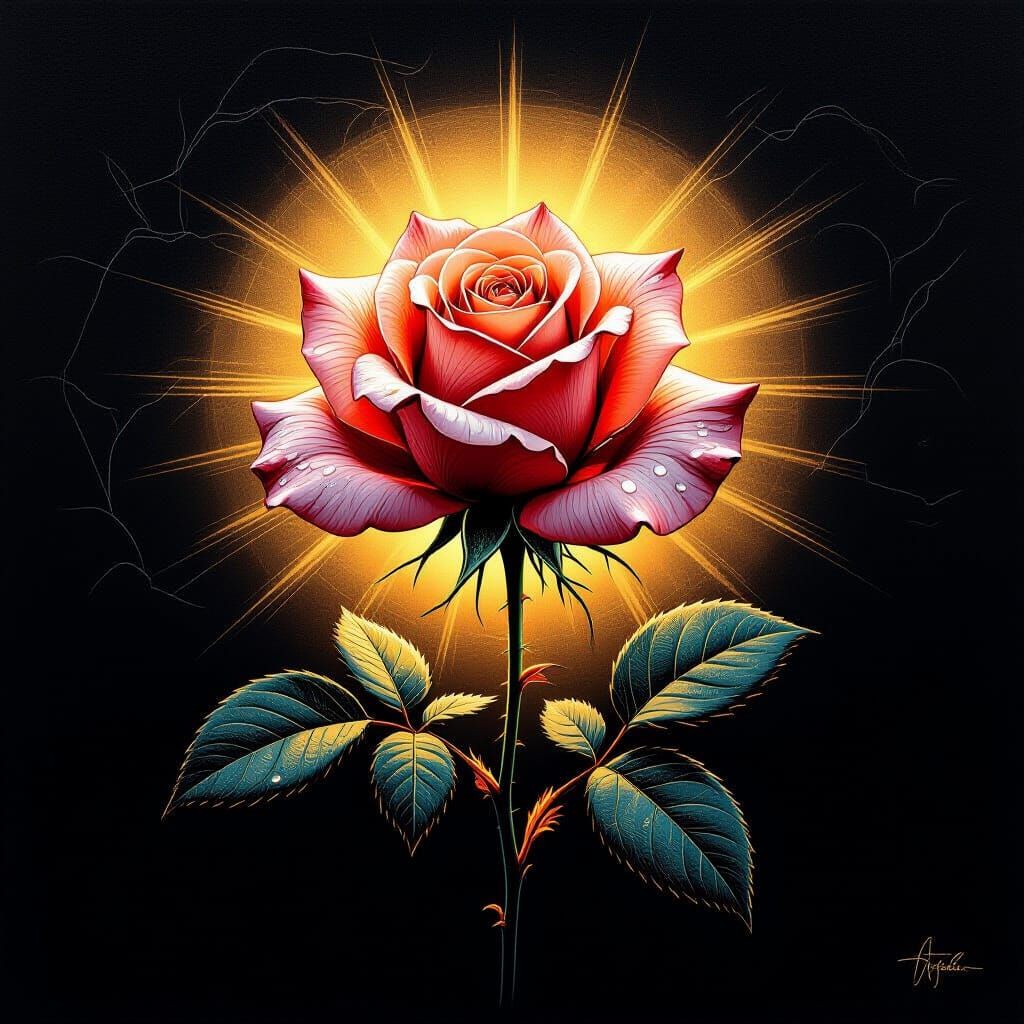 Photorealistic Engraving: Dew-Kissed Rose Symbolizing Beauty