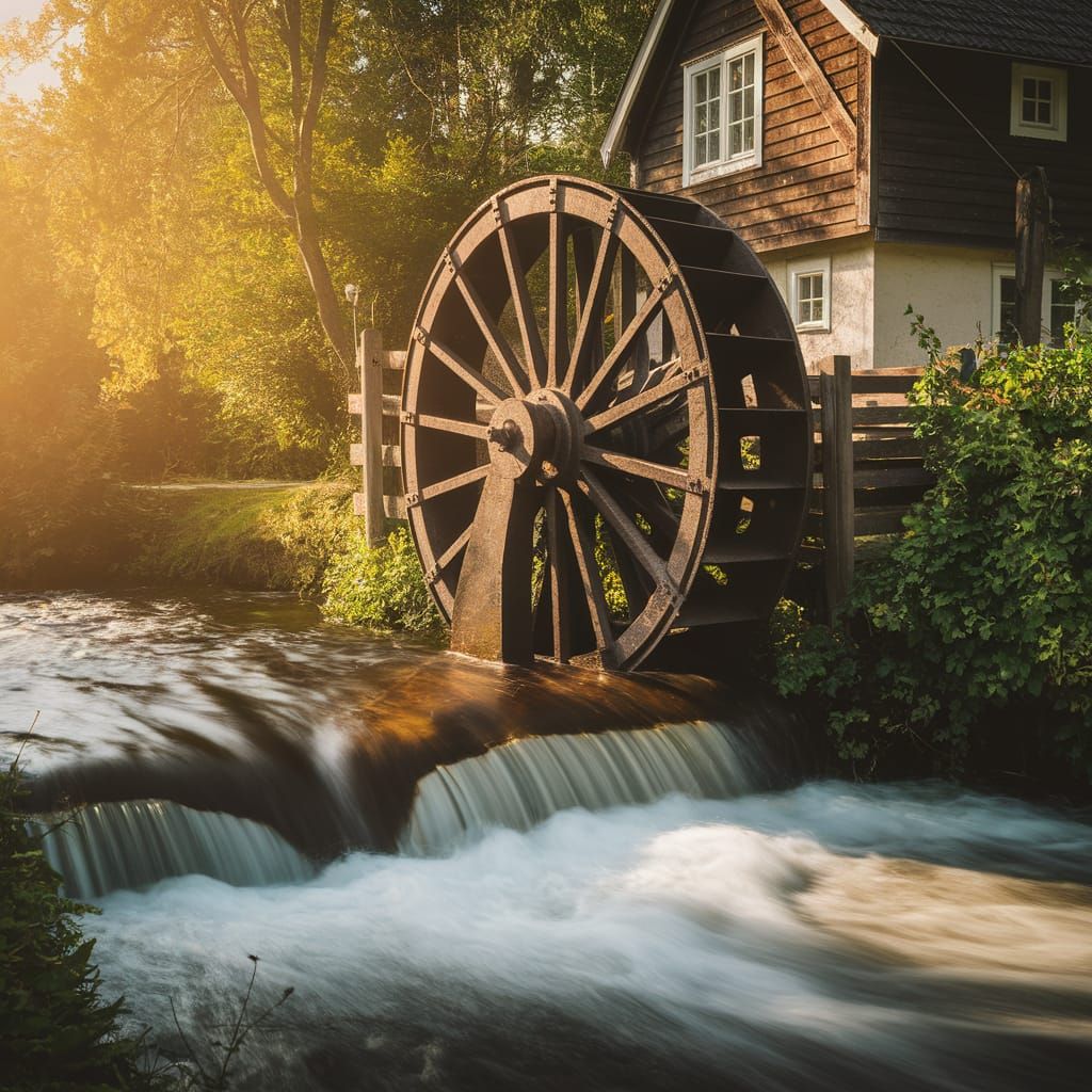 Vintage Waterwheel in Serene River Landscape
