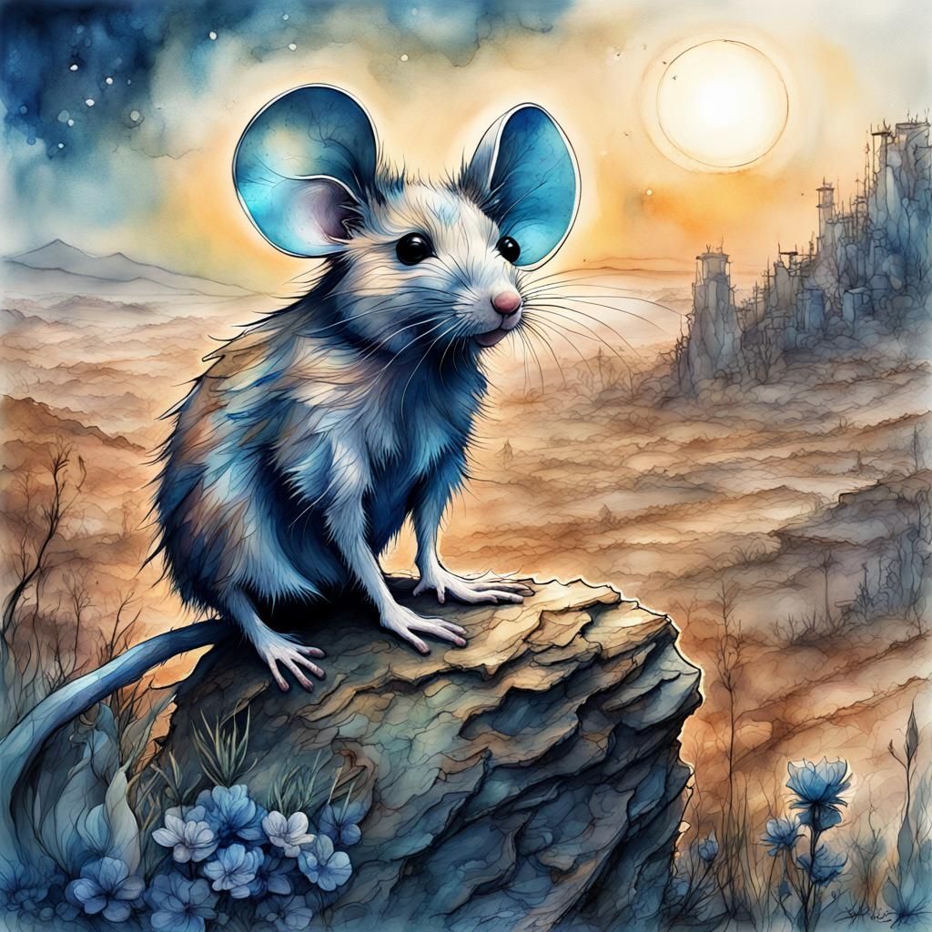 Fairytale Mouse in Desert Night Watercolor Illustration