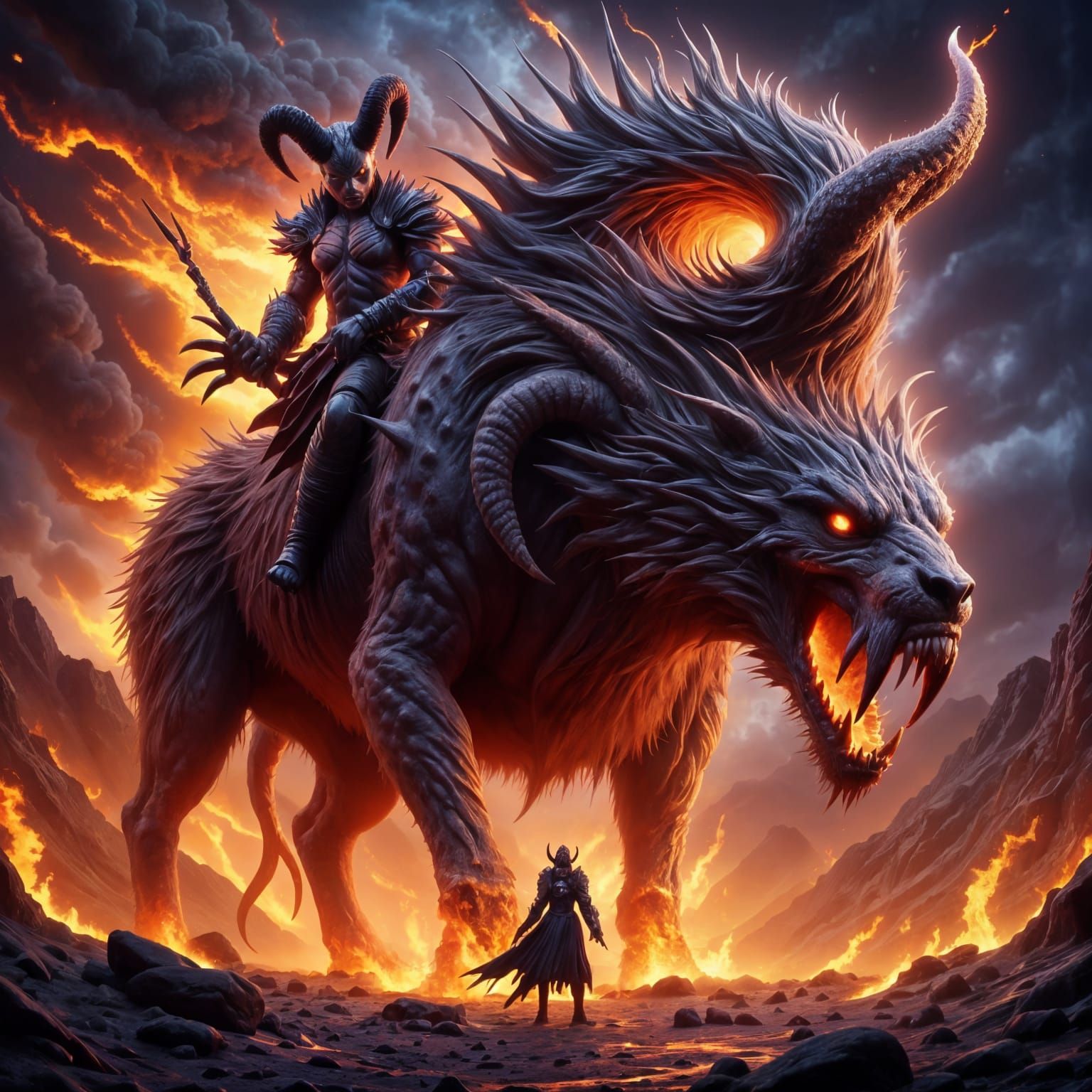 Dark Fantasy Demon Rides Molten Lava Hell-Hound