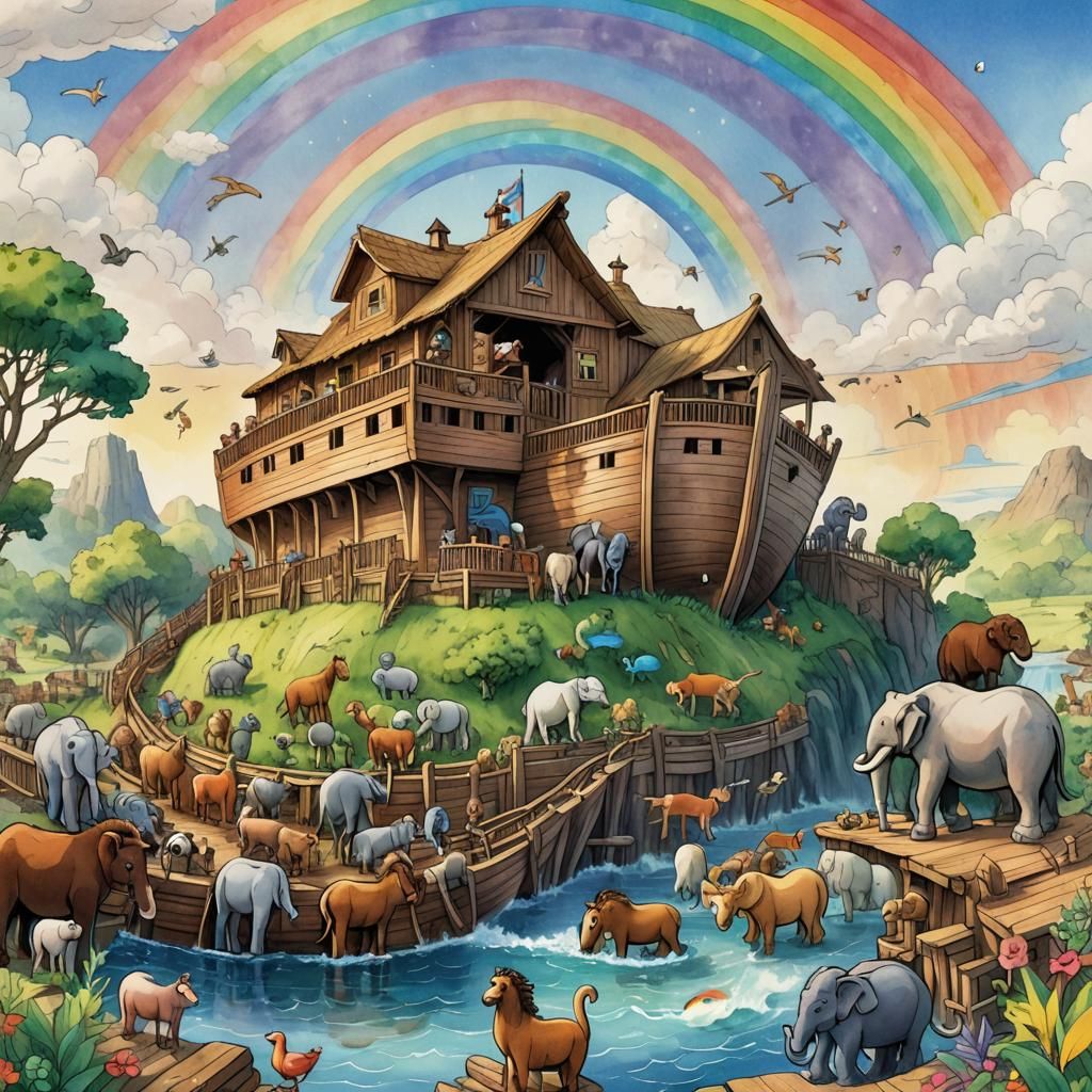 Noah's Ark Amidst Rainbow in Pixar Line Drawing