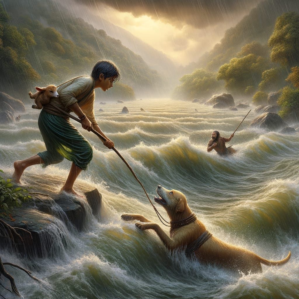 Young Boy and Dog Battling River Whirlpool in Matte Painting...