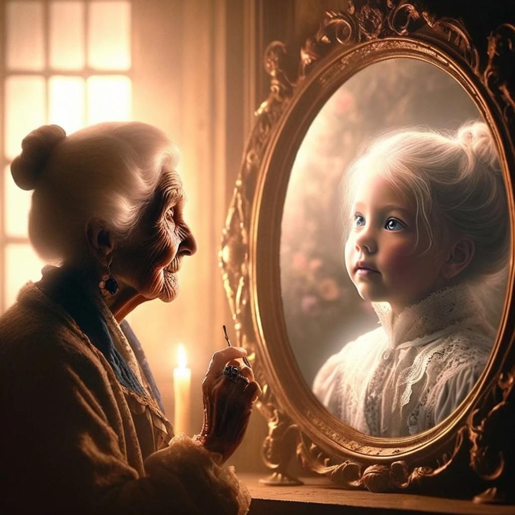 Nostalgic Reflection: Elderly Woman and Her Younger Self