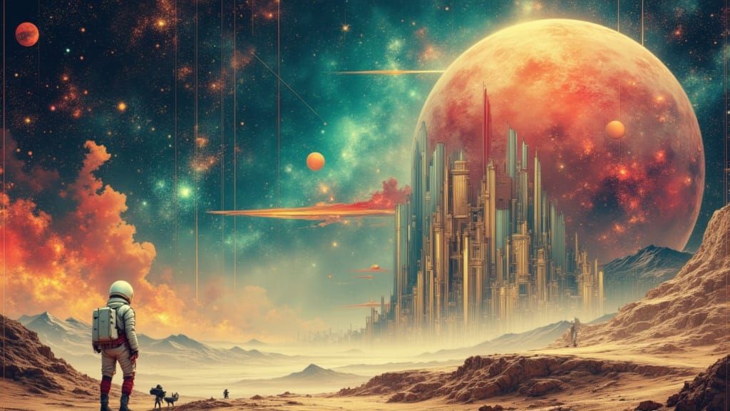 Astronaut and Alien on a Cosmic Planet