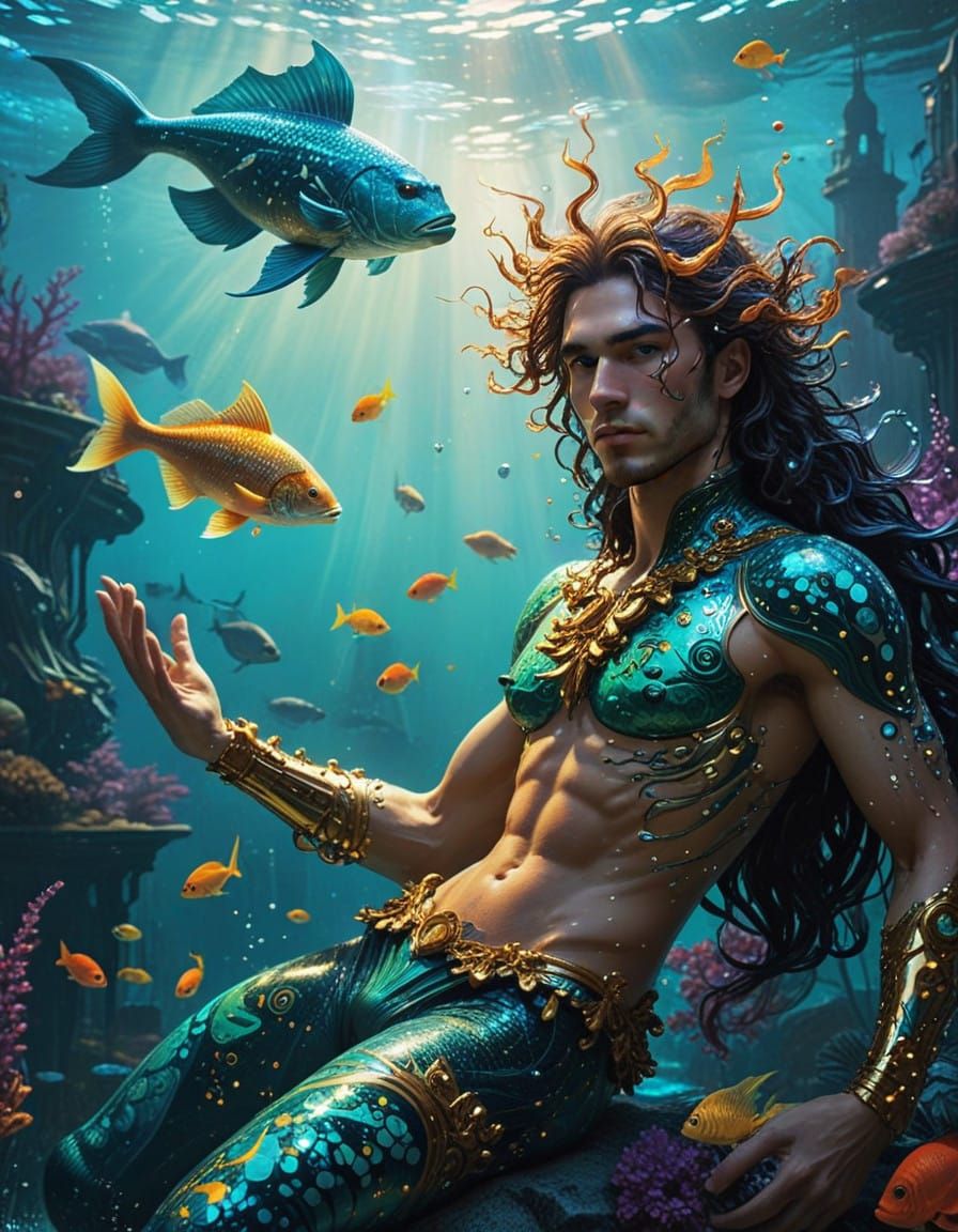 Ethereal Cyborg Merman in Art Nouveau Style with Psychedelic...