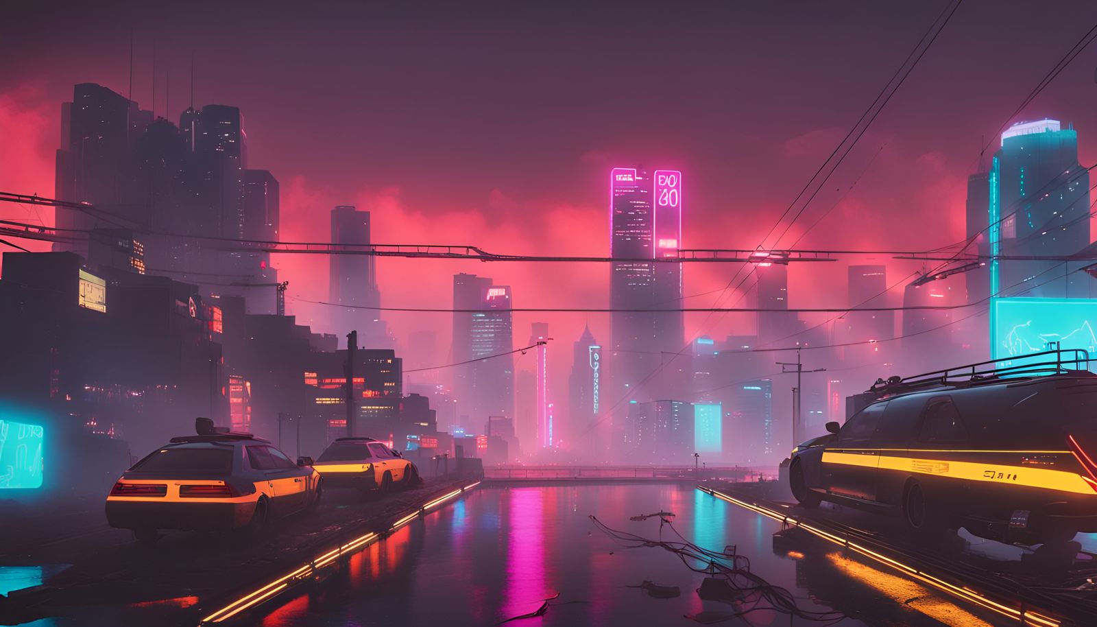 Neon Cityscape with JDM Cars in Cyberpunk Style