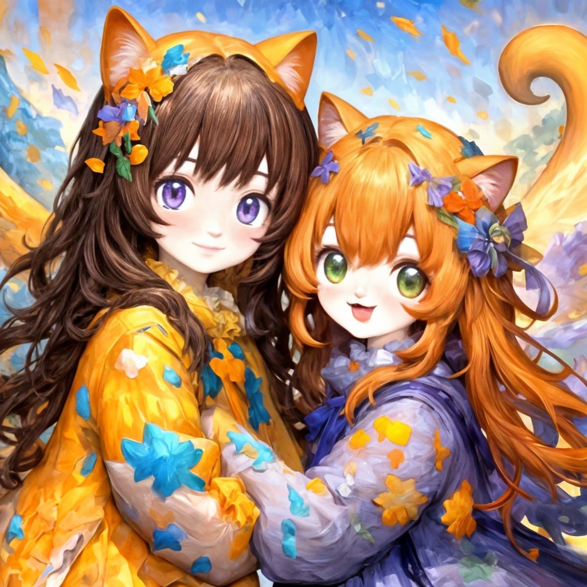Vibrant Anime Duo Celebrating Friendship in Neo-Impressionis...