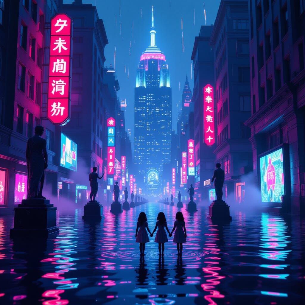 Dystopian Cityscape with Three Little Sisters