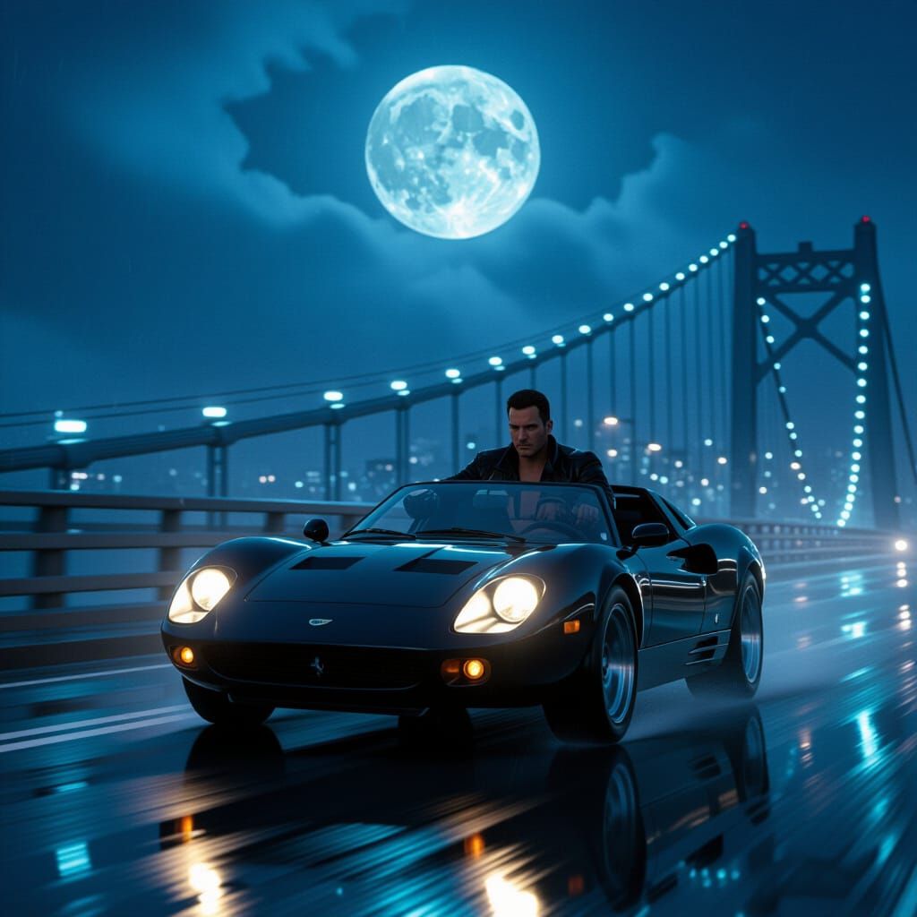 Sportscar on Bridge in Rainy Night, Cinematic Style
