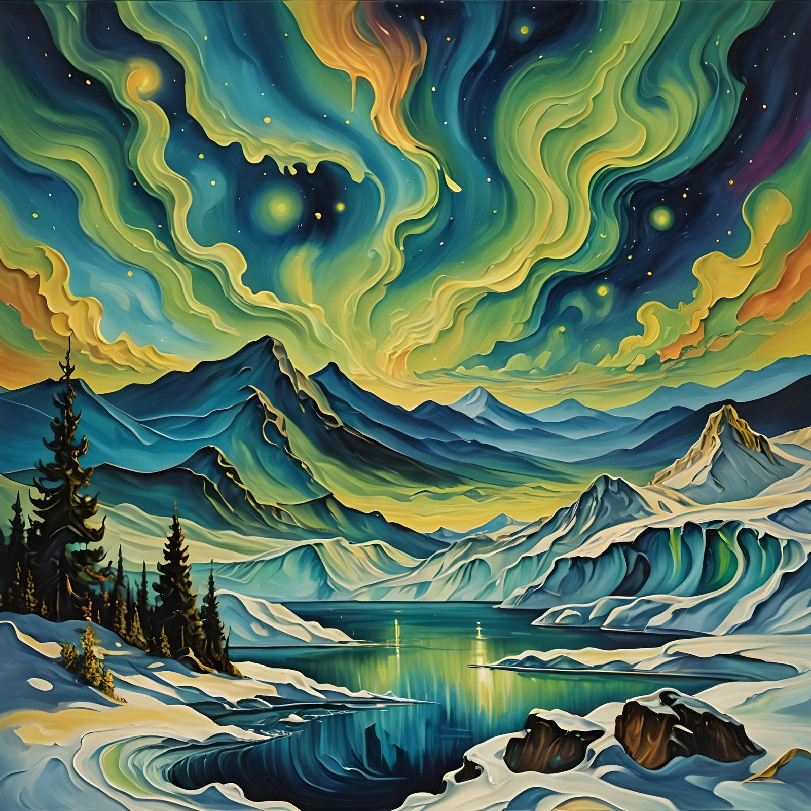 Surreal Northern Lights Impasto Oil Painting
