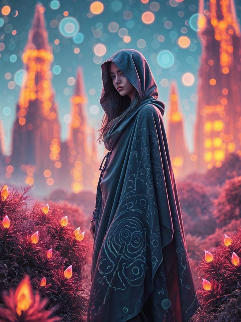 Psychedelic Landscape with Cloaked Woman and Neon Bokeh
