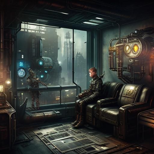 Cyborg and Cat Gaze at Dystopian City