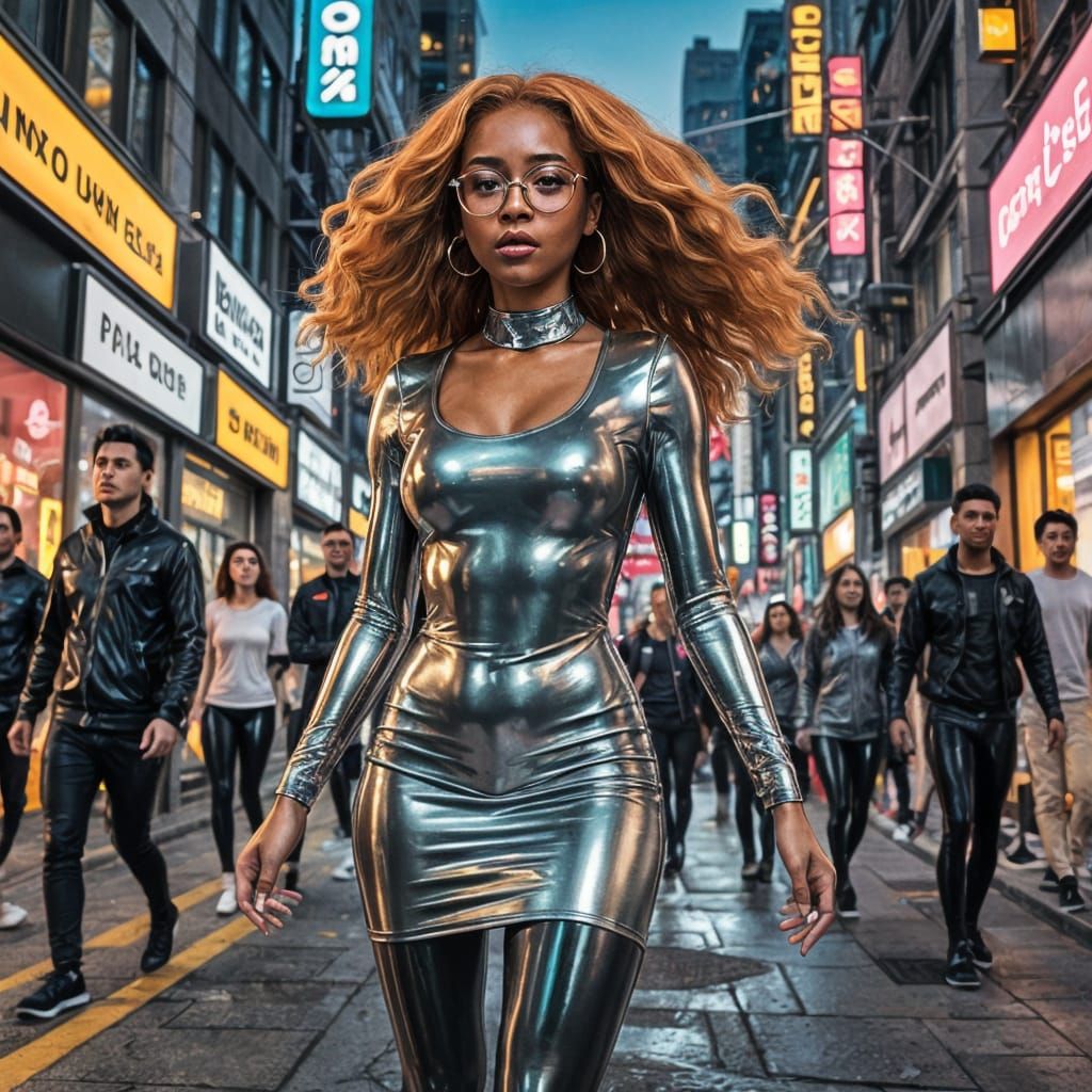 Black Woman in Silver Latex: Anime-Inspired Cityscape