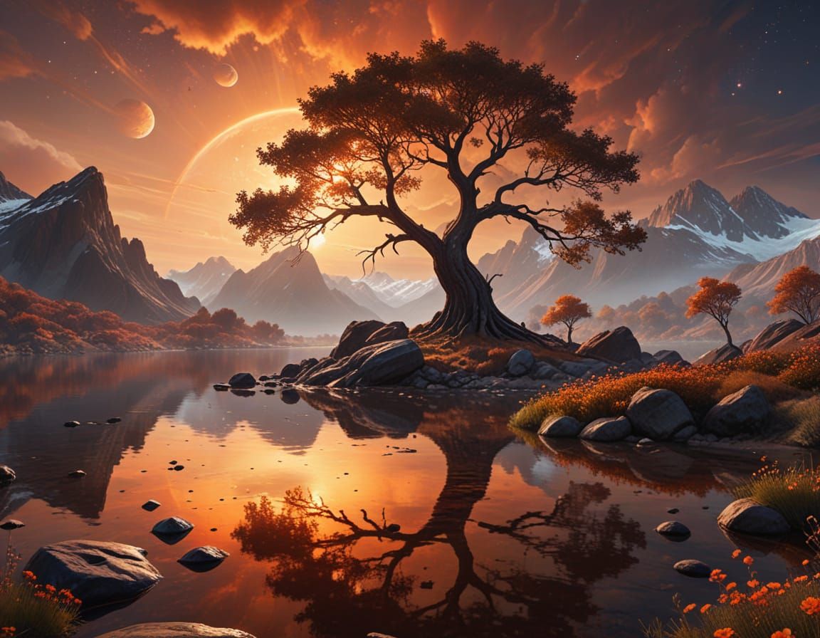 Majestic Autumn Landscape with Twisted Tree and Tranquil Lak...