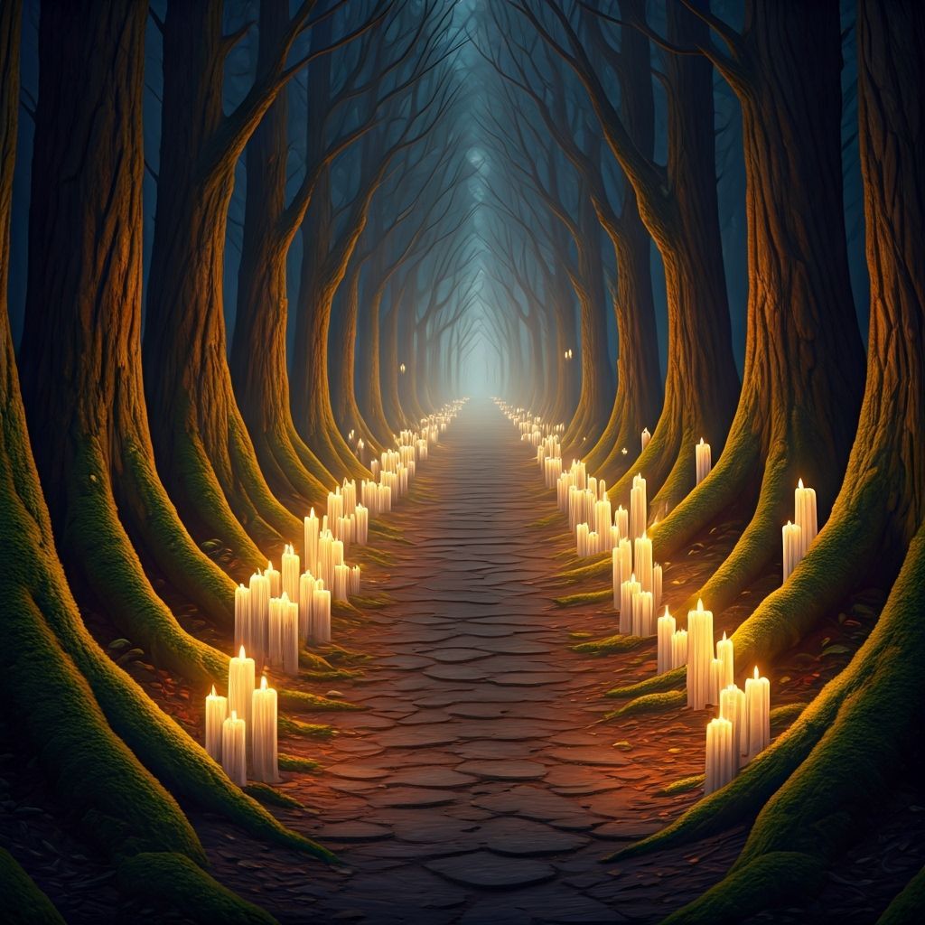 Enchanting Forest Path Lit by Candles in Magical Twilight
