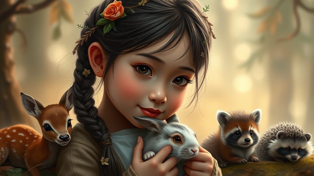 Mystical Forest Portrait with Girl and Animals