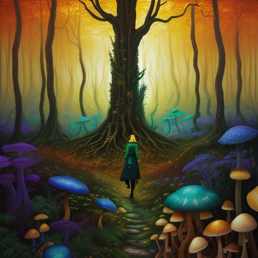 Woman in Mystical Forest: Surrealist Oil Painting
