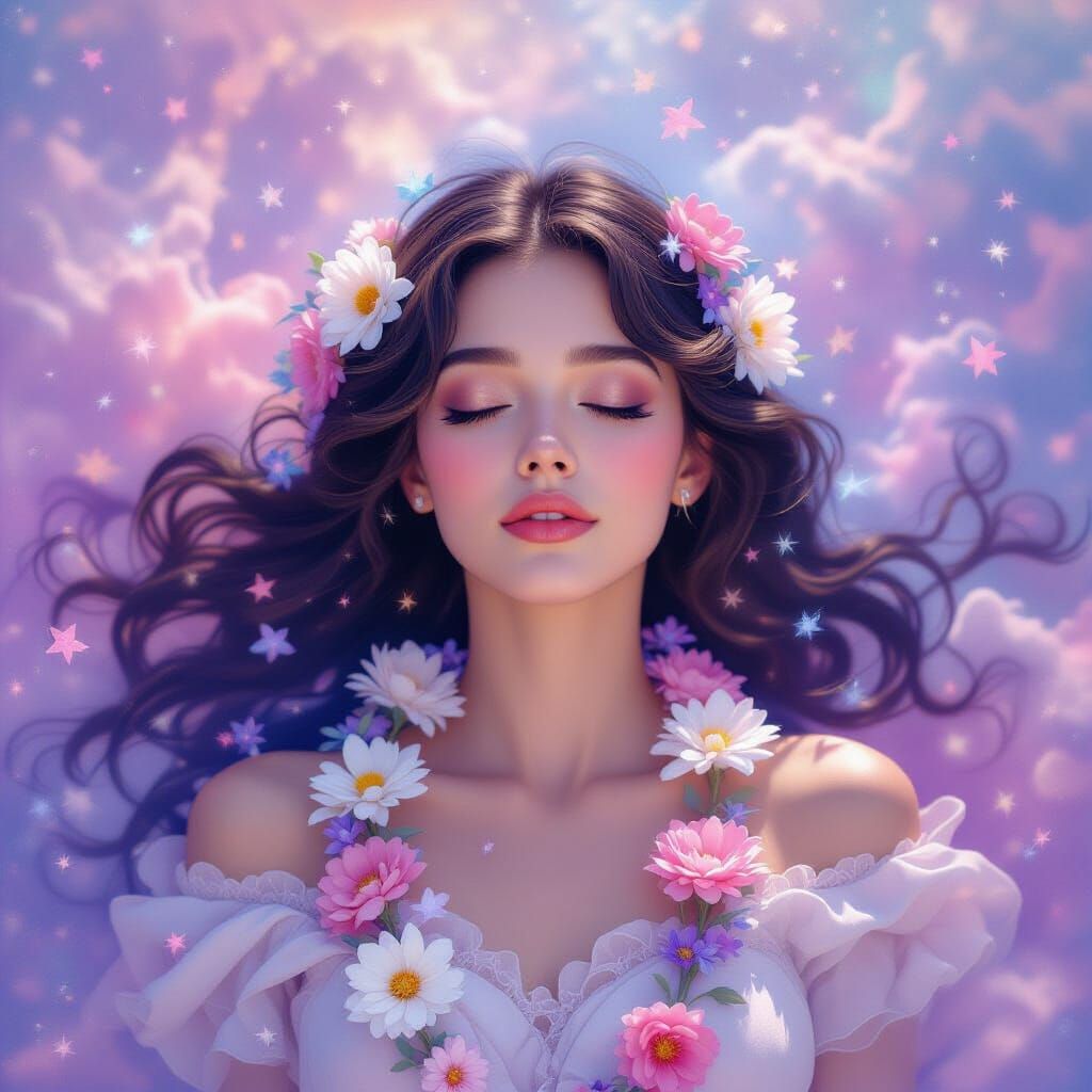 Woman Adorned in Flowers Floats in Pastel Nebula