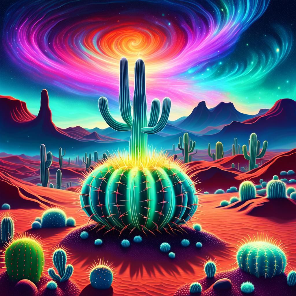 Glowing Cosmic Cactus on Distant Planet in Surrealism