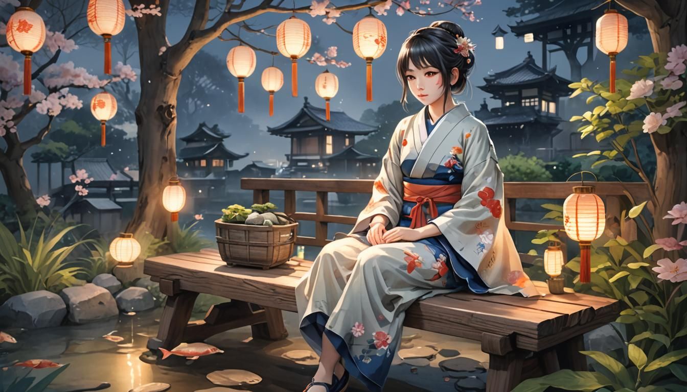 Geisha in Japanese Garden with Lanterns