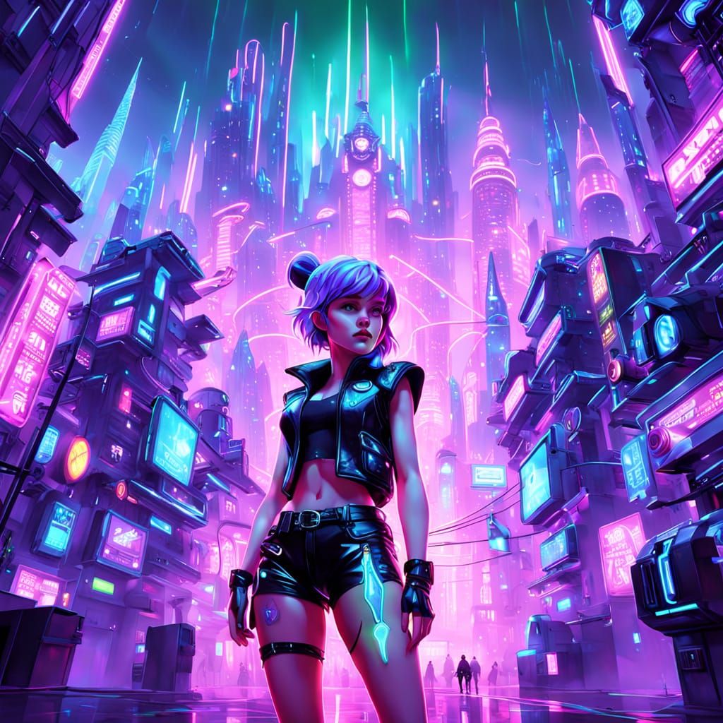 Cyberpunk Tinkerbell in Neon-Gold Armor