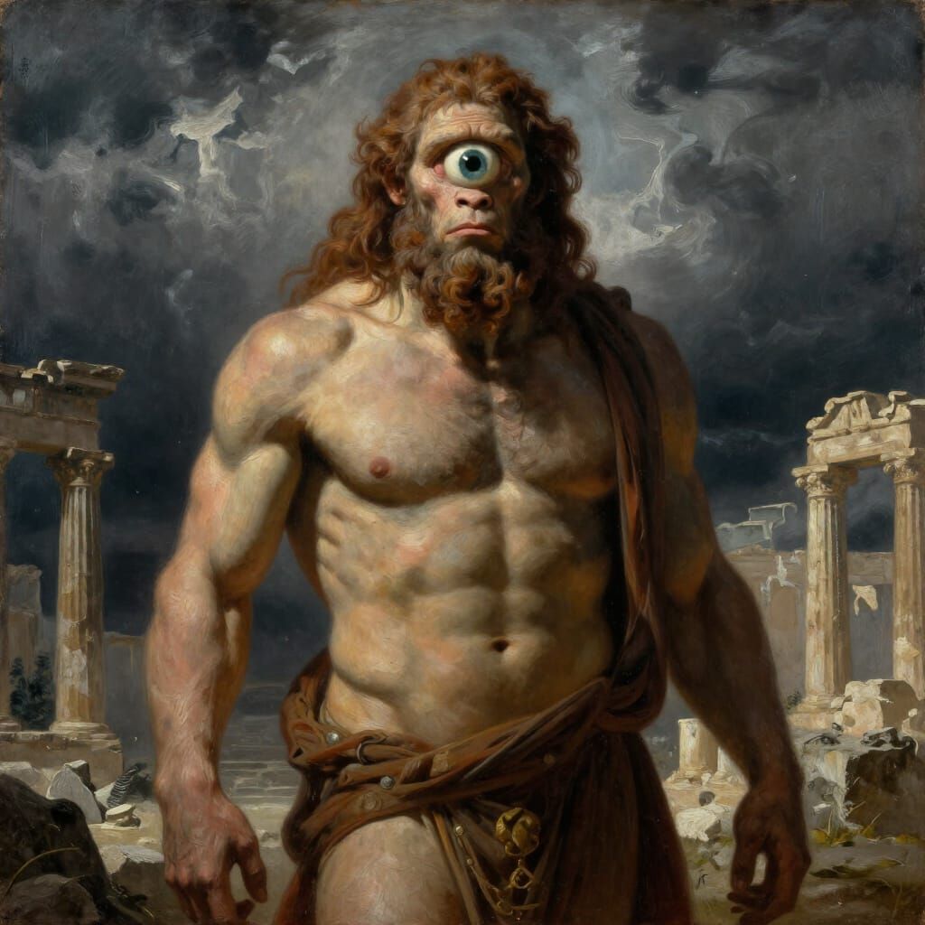 Epic Cyclops in Ancient Ruins Under Stormy Sky