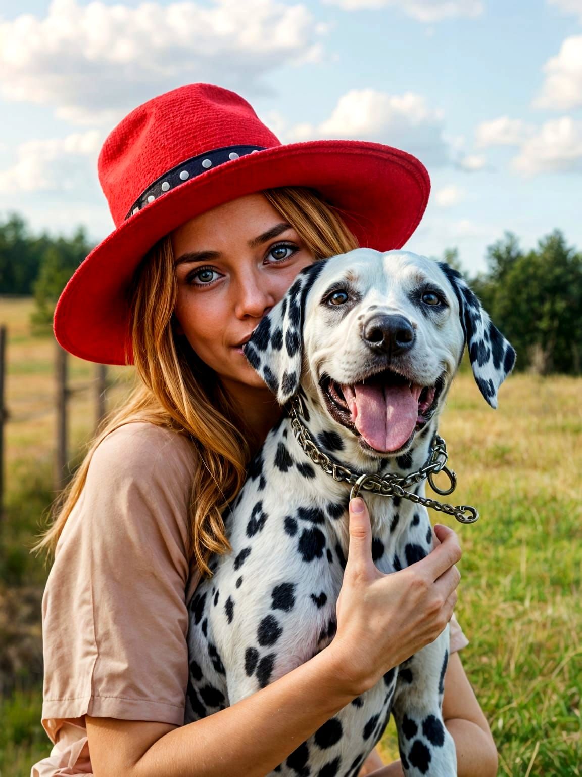 Woman and Dalmatian in Red Hat