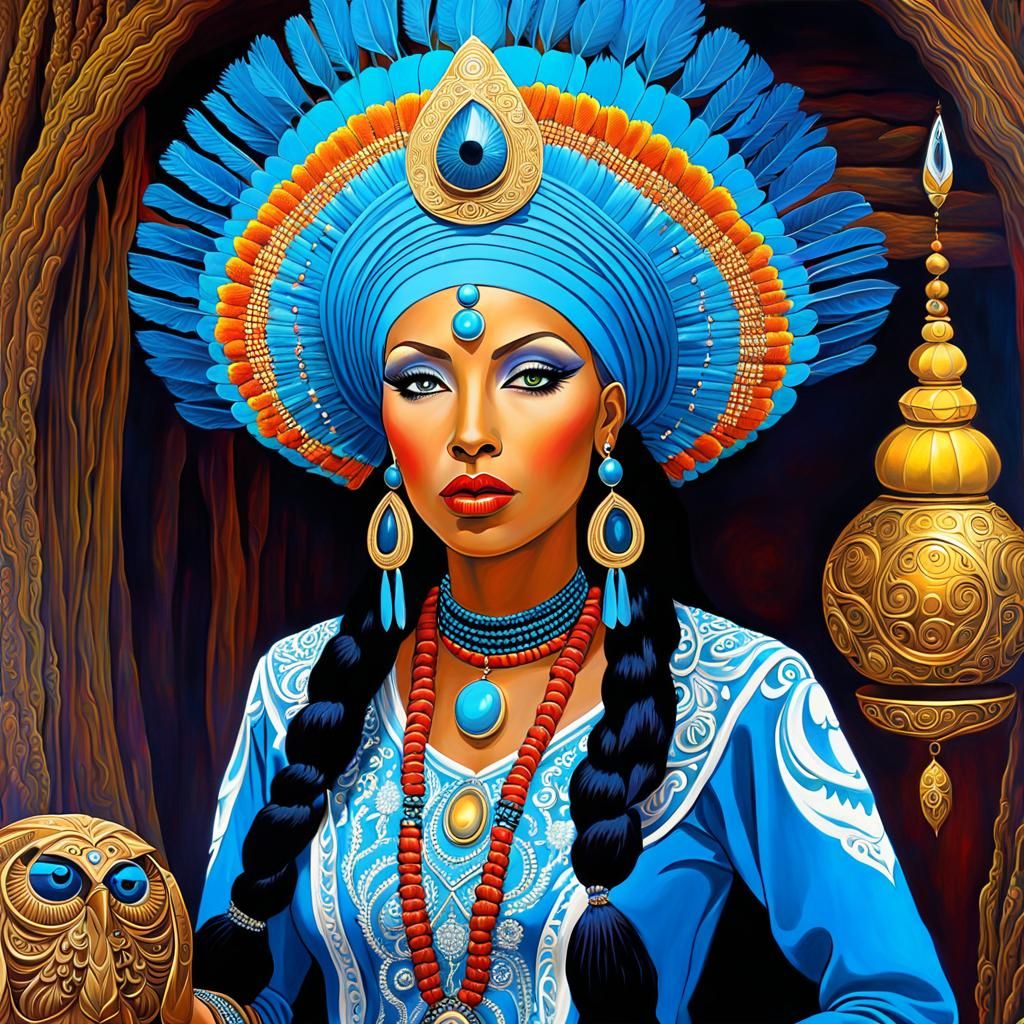 Ornate Shaman in Fantastical Village Oil Painting