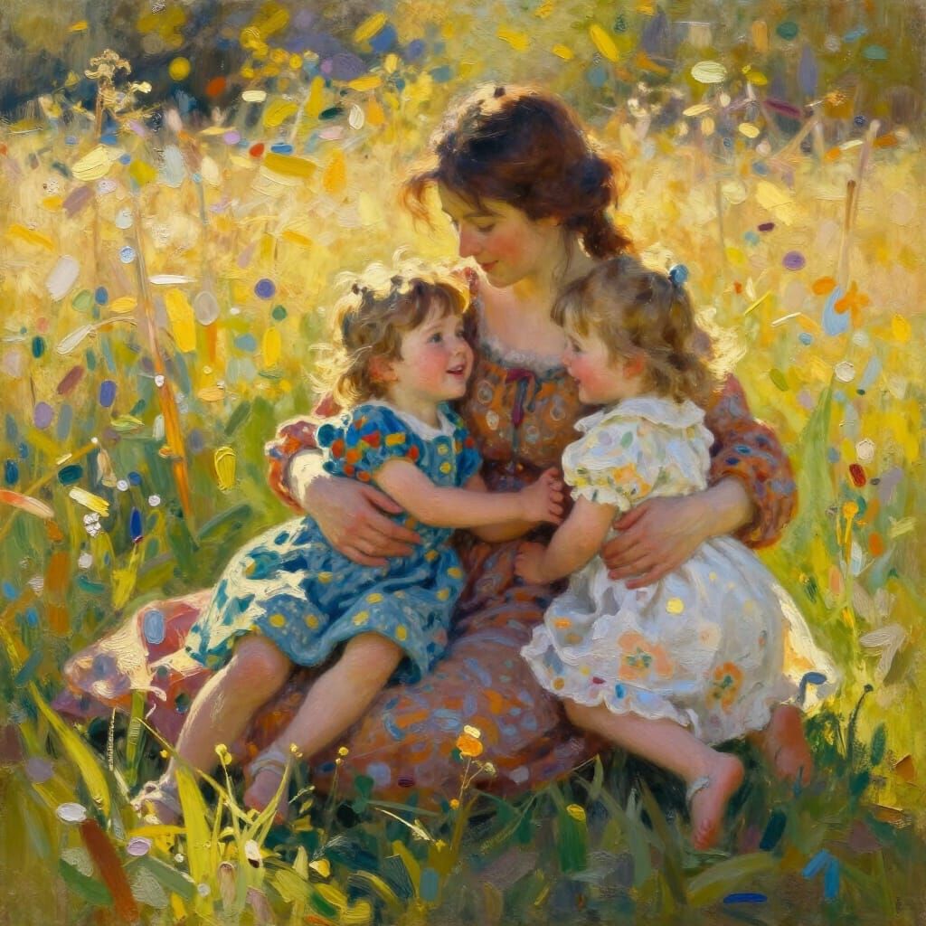 Mother Embracing Children in Sunlit Meadow Oil Painting