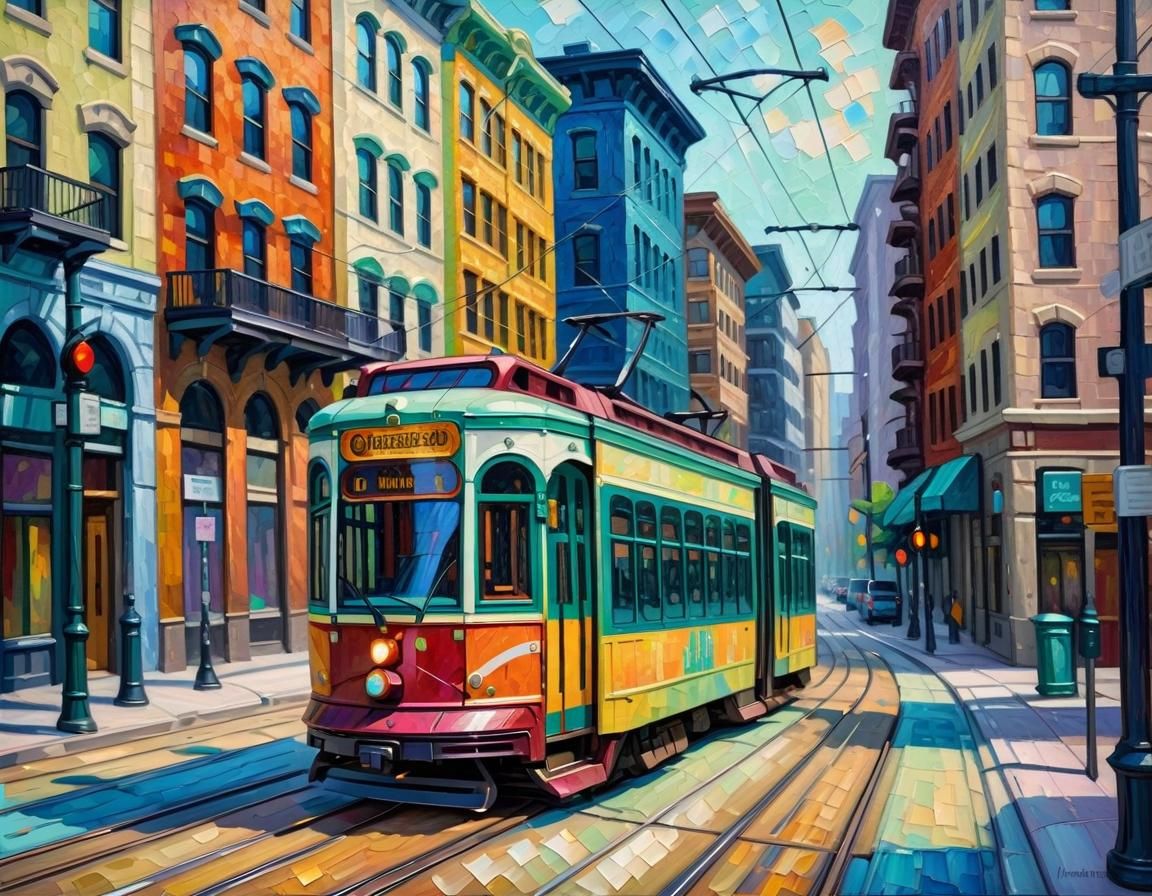 Streetcar in Downtown City: Expressionist Oil Painting
