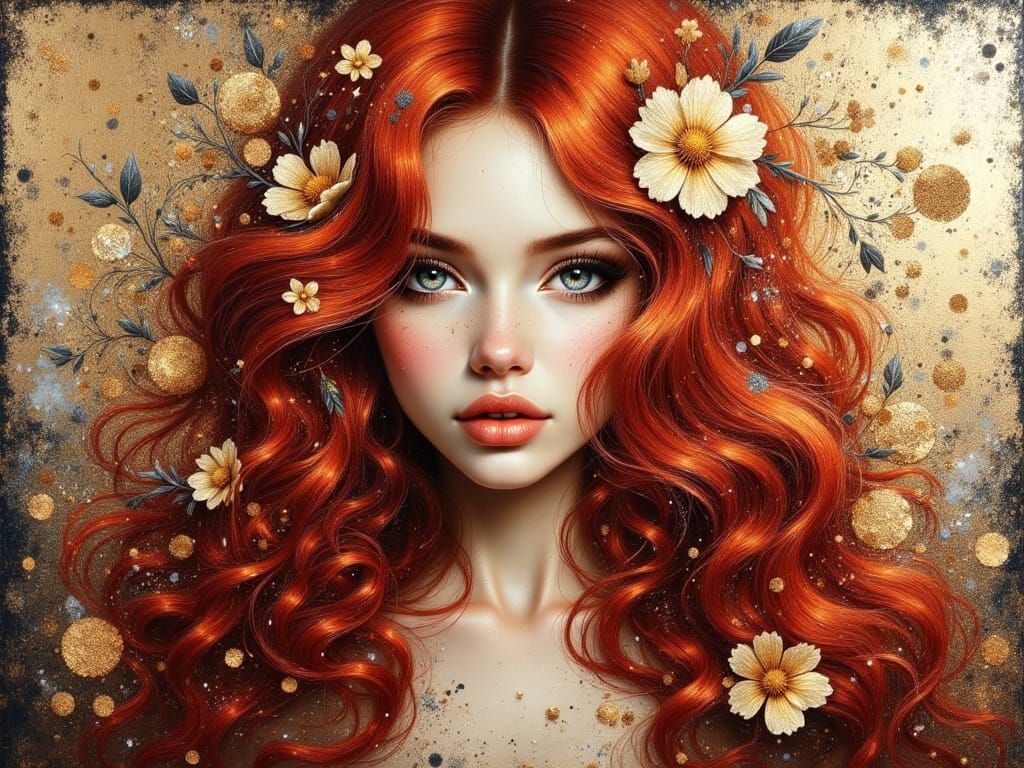 Enchanted Red-Haired Woman Portrait in Diamond Art Style