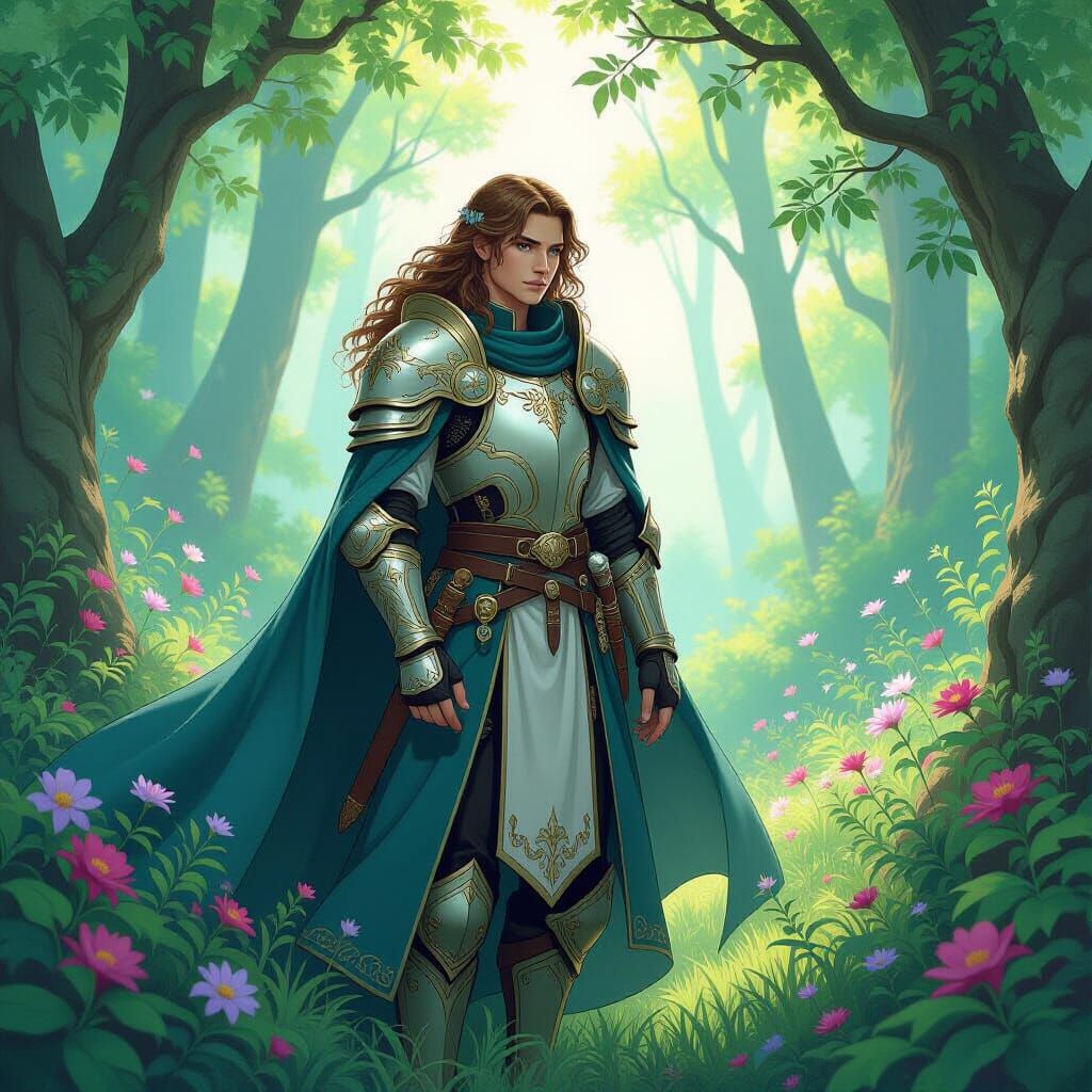 Young Paladin in Lush Forest, Fantasy Art