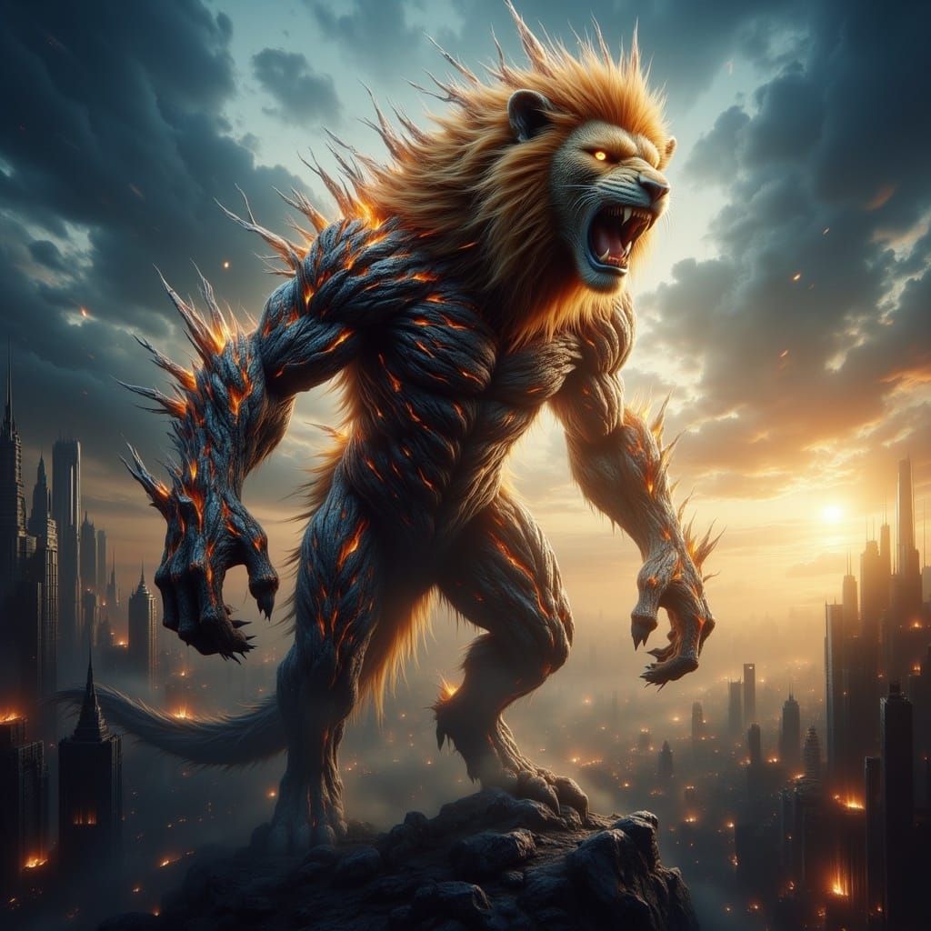 Lion Kaiju Roars Atop Ruined Skyscraper