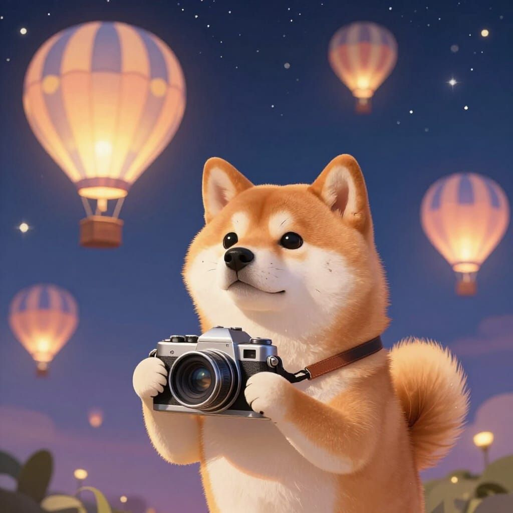 Shiba Inu's Magical Night Journey with Hot Air Balloons