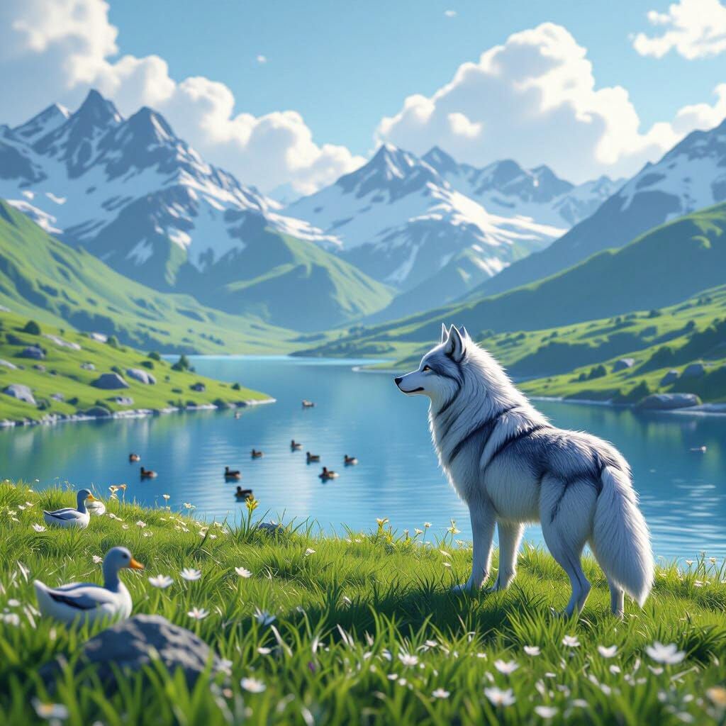 Wolf Overlooking Lake in Anime-Inspired 3D Art