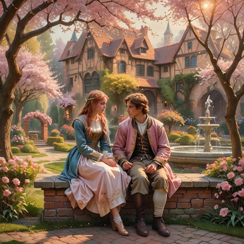 Idyllic Garden Scene with Medieval Figures in Pastel Art