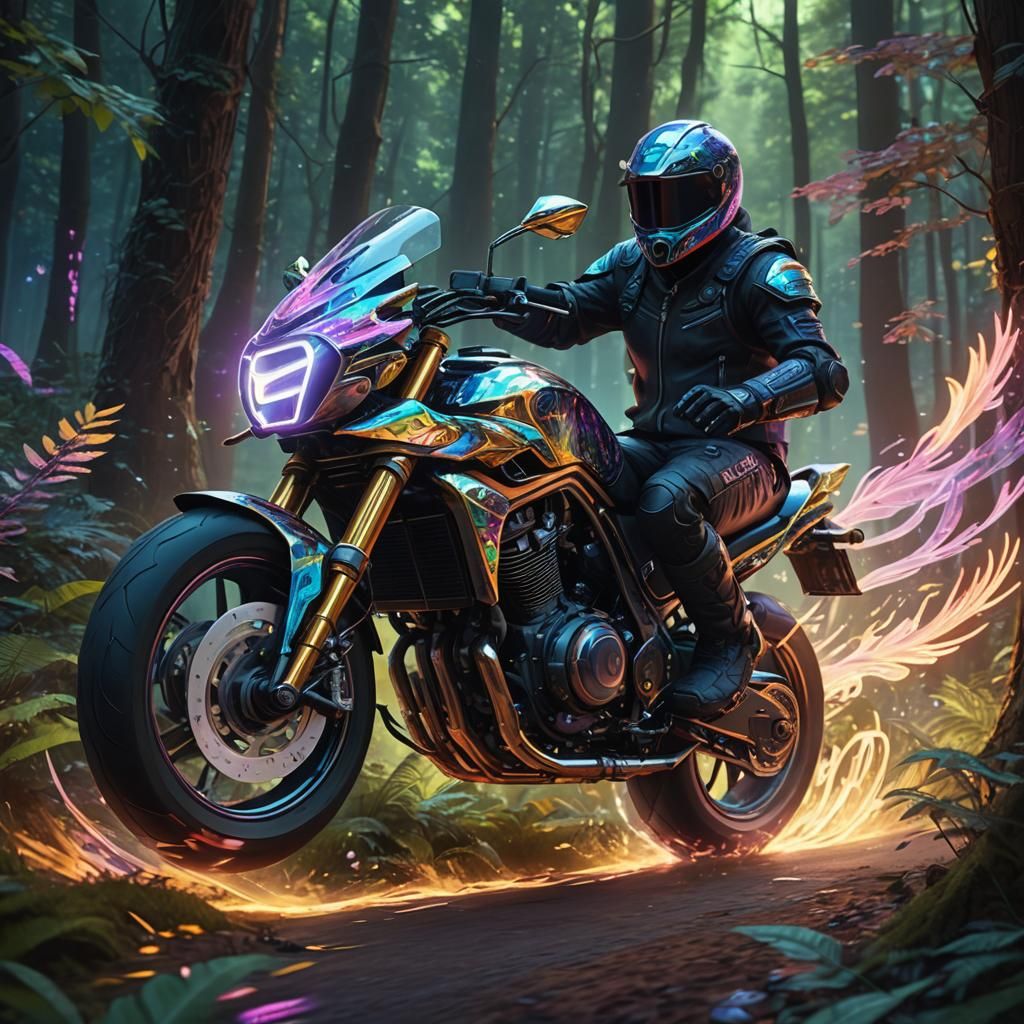 Motorcycle Speeds Through Iridescent Forest as Digital Art