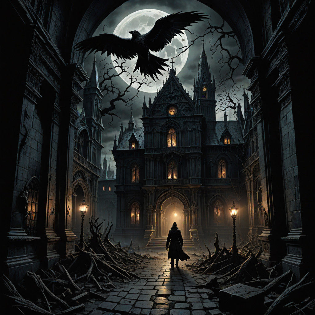 Gothic Horror Masterpiece: Black-Eyed Bird Haunts a Man