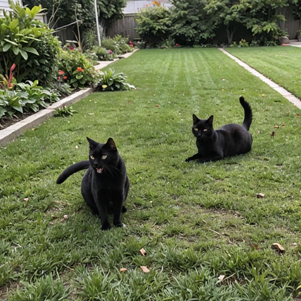Black Cat Yawns and Stretches in Yard