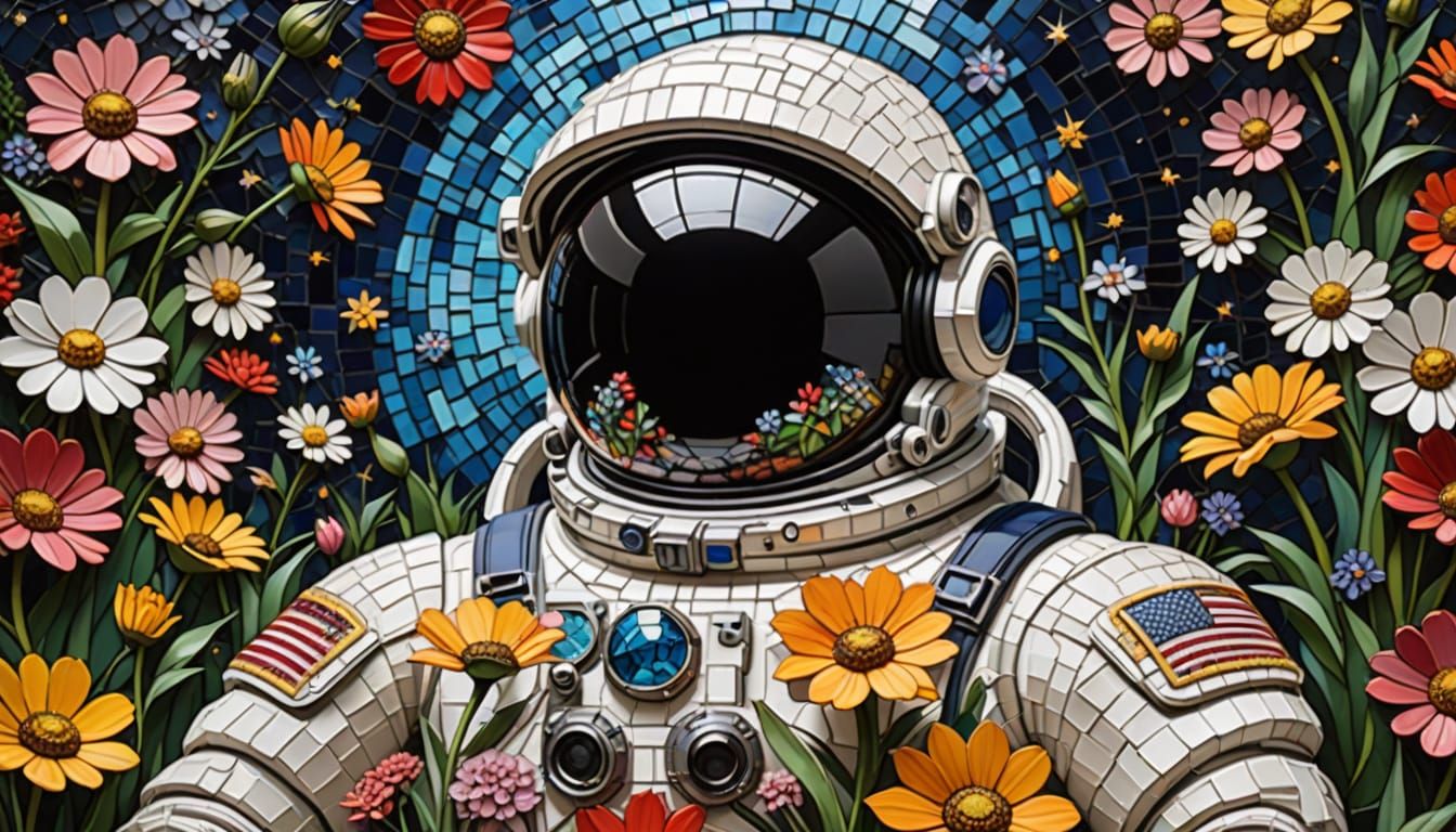 Mosaic Astronaut Basks in Cosmic Garden of Flowers
