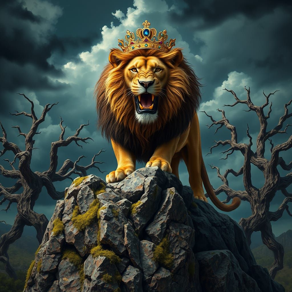Regal Lion atop Mossy Rock, Golden Crown, Ominous Skies