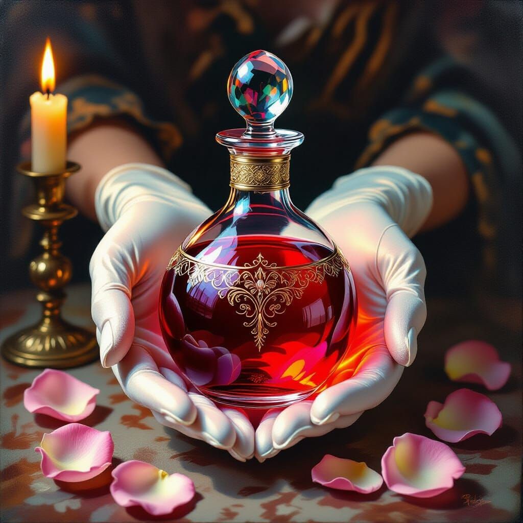 Iridescent Love Potion in Ornate Vial, Oil Painting
